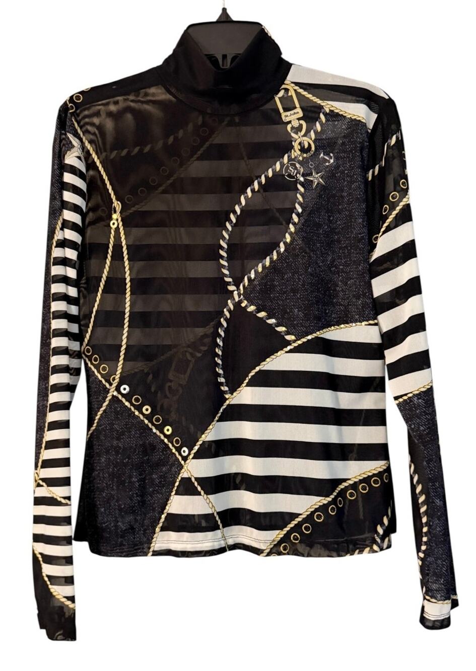 St John Sport Nautical Mesh Mock Neck Top M Sheer Long Sleeve Rope Stripe Print